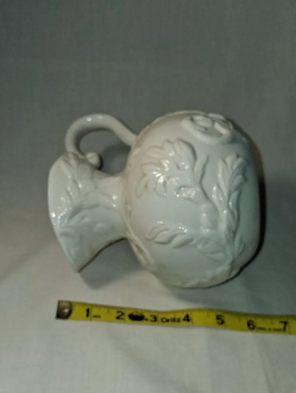 Vintage White Embossed Pitcher with Leaves/Vines Design Curved Handle